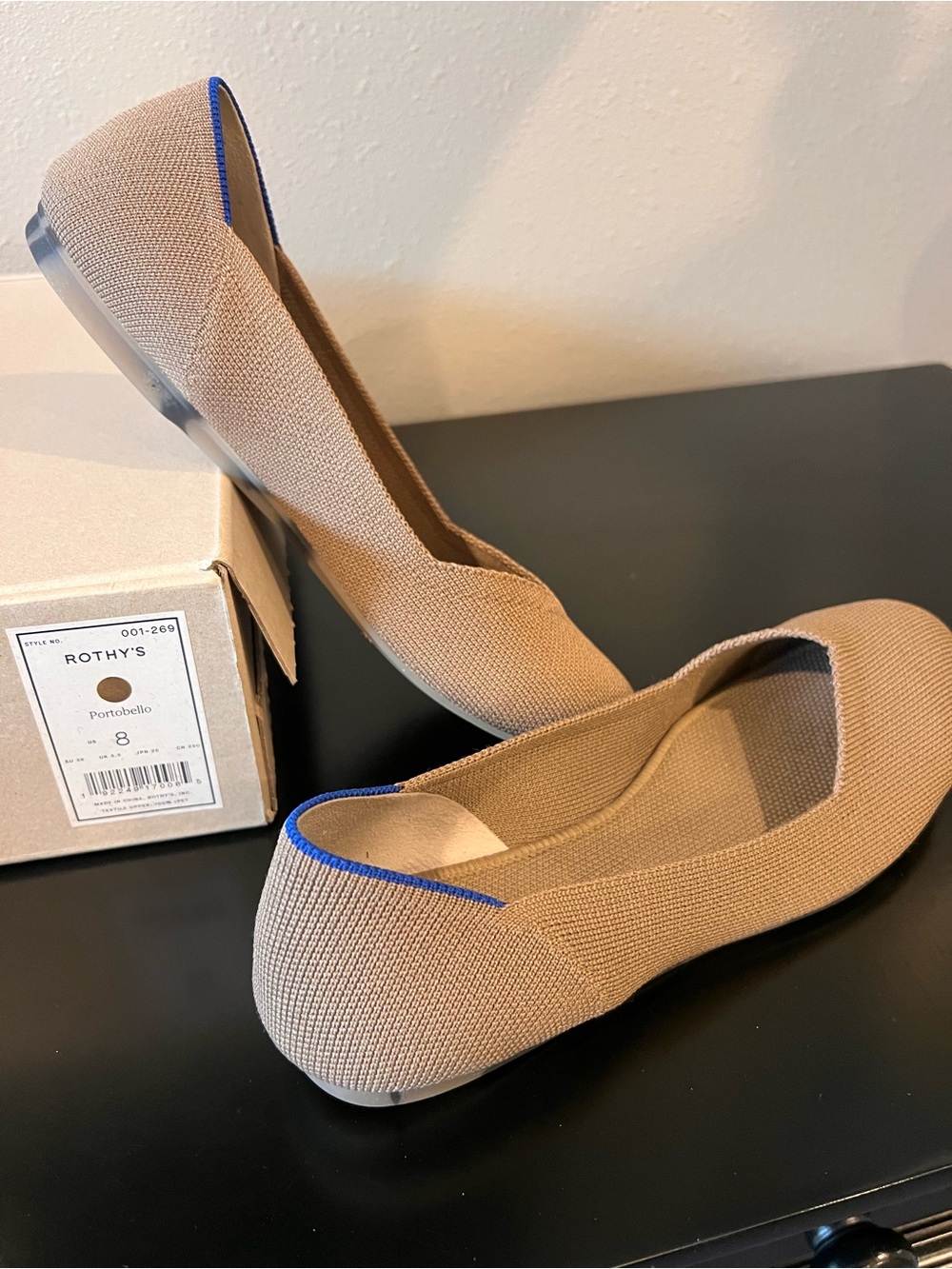 Rothy's Portobello Knit Ballet Flats in Tan with Blue Trim